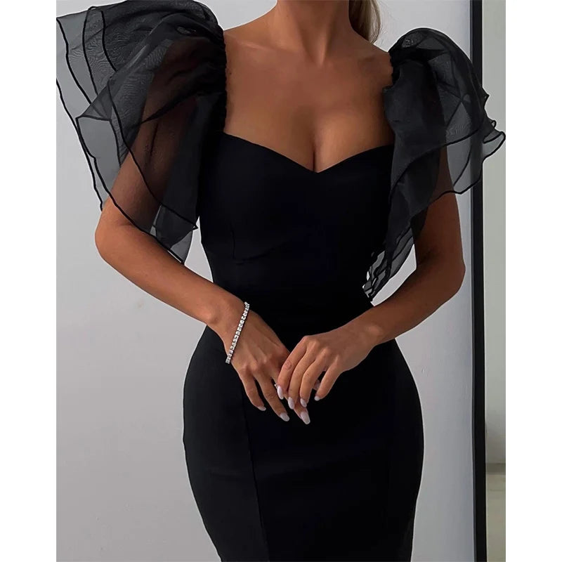 Dress for Women Solid Black Midi Robe with Square Neck Sexy Lady Party Dress Keeps Short Eye Catching