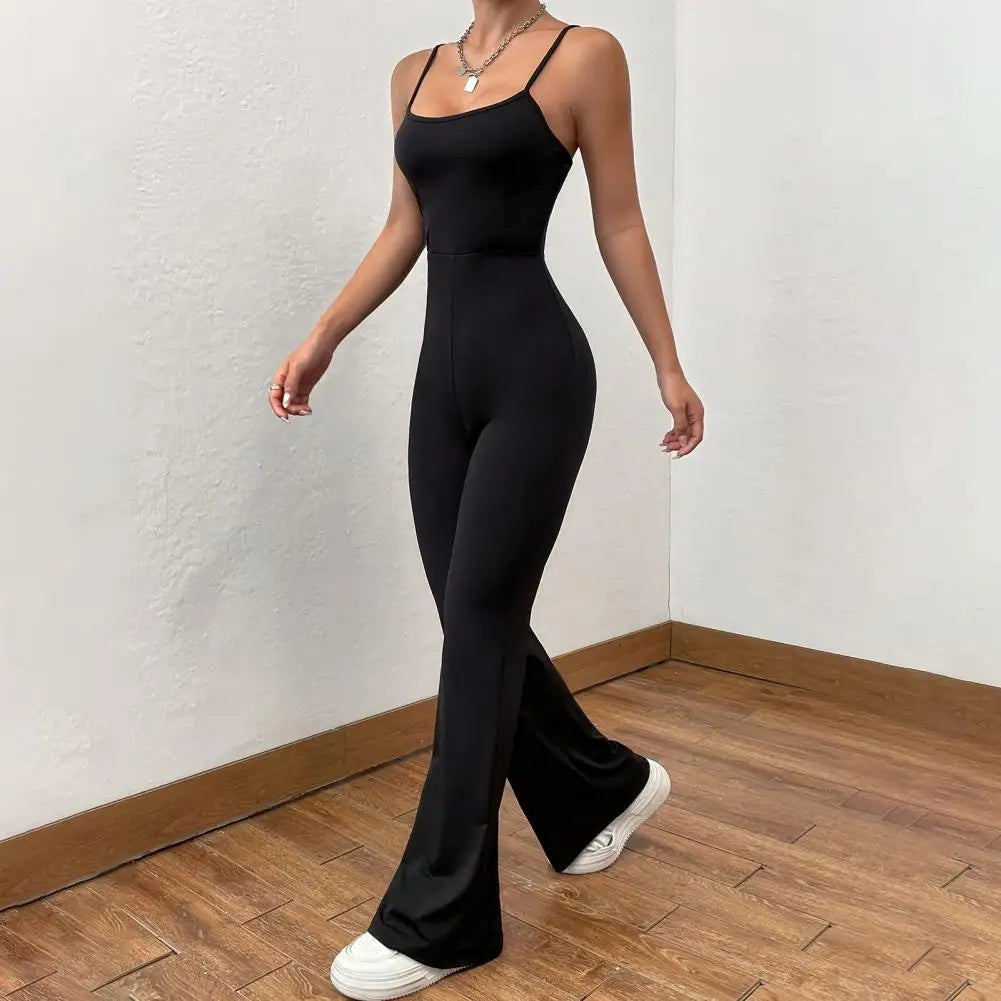 Elegant Hip Lift Jumpsuit Backless Sleeveless Summer Sporty Outfit for Women with Square Neck Flared Hem