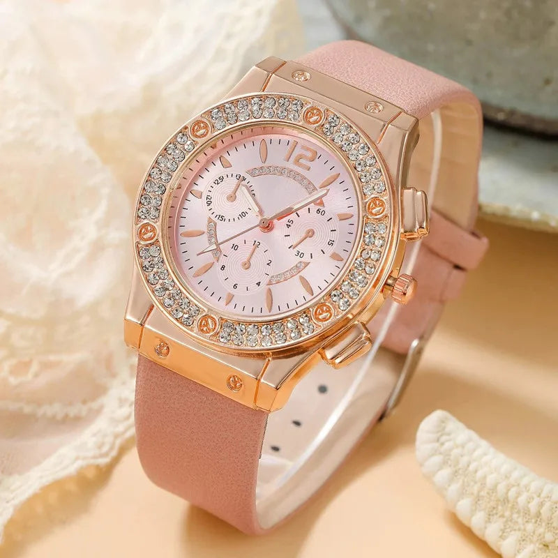 Luxury Rhinestone 2PCS Set Pink  Watches Women Crystal Quartz Bracelet Watches Wristwatch Ladies Dress Wristwatch Clock Relogio