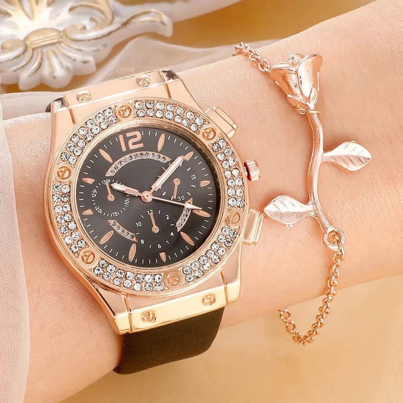 Luxury Rhinestone 2PCS Set Pink  Watches Women Crystal Quartz Bracelet Watches Wristwatch Ladies Dress Wristwatch Clock Relogio