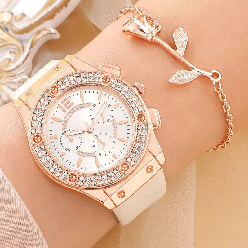 Luxury Rhinestone 2PCS Set Pink  Watches Women Crystal Quartz Bracelet Watches Wristwatch Ladies Dress Wristwatch Clock Relogio