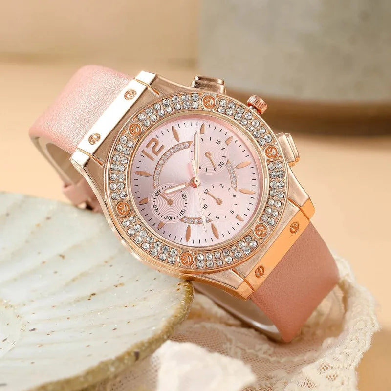 Luxury Rhinestone 2PCS Set Pink  Watches Women Crystal Quartz Bracelet Watches Wristwatch Ladies Dress Wristwatch Clock Relogio