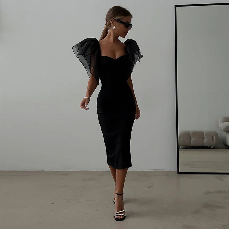 Dress for Women Solid Black Midi Robe with Square Neck Sexy Lady Party Dress Keeps Short Eye Catching