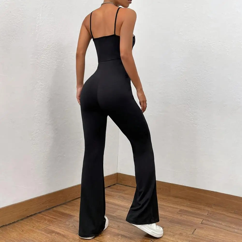 Elegant Hip Lift Jumpsuit Backless Sleeveless Summer Sporty Outfit for Women with Square Neck Flared Hem