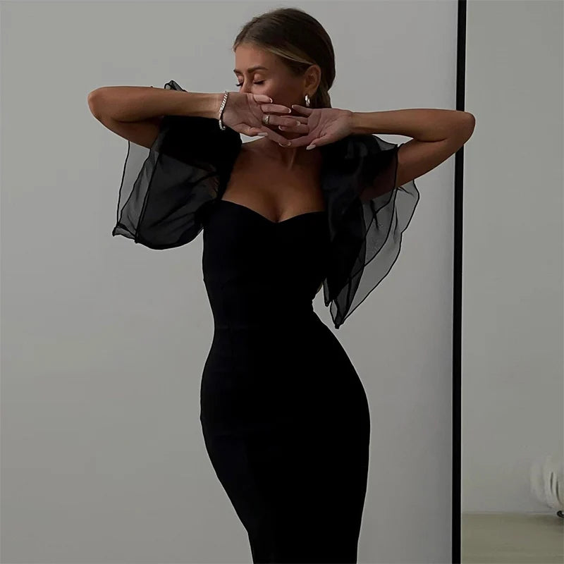 Dress for Women Solid Black Midi Robe with Square Neck Sexy Lady Party Dress Keeps Short Eye Catching