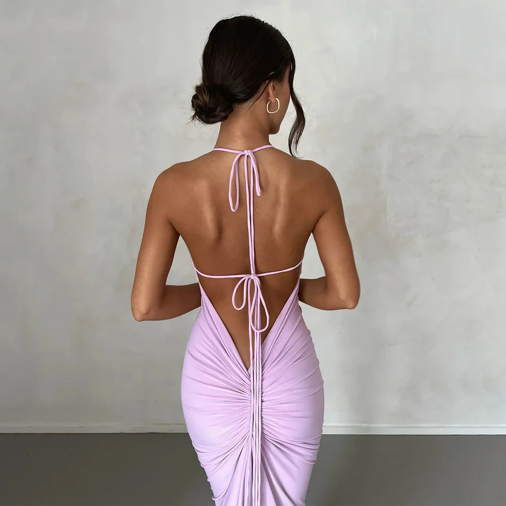 Elegant Women's Maxi Dress with Cryptographic Spaghetti Strap Sexy Backless Summer Club Party Dress Outfit