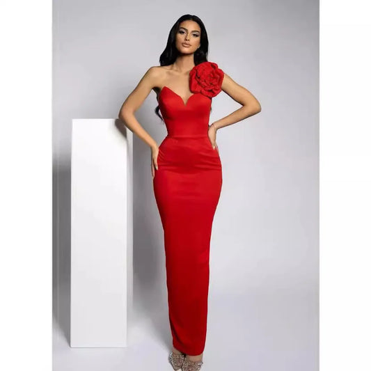 Sexy V Neck Backless Maxi Bodycon Dresses Elegant Red Applique One Shoulder Back Slit Celebrity Evening Party Wedding Long Dress