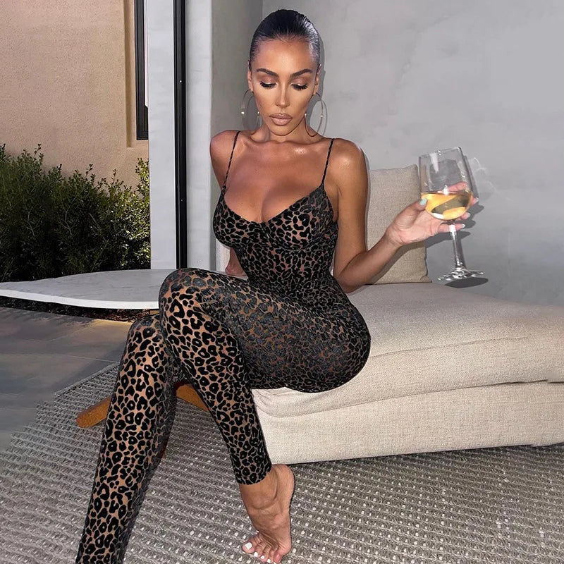 Leopard Print V-Neck Skinny Jumpsuit for Women Low Chest Sleeveless Bodycon Clubwear Overalls Sexy Mesh Flocking One Piece